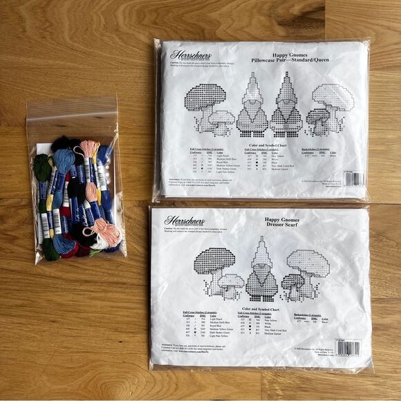 Happy Gnomes Pillowcase Pair and Dresser Scarf Cross Stitch Herrshners NEW - Picture 1 of 6